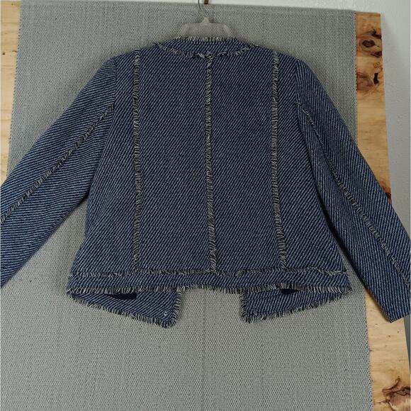 Chicos Open Front Jacket Womens Size 8 Blue Tweed Fringe Military Evening Casual - Picture 8 of 15